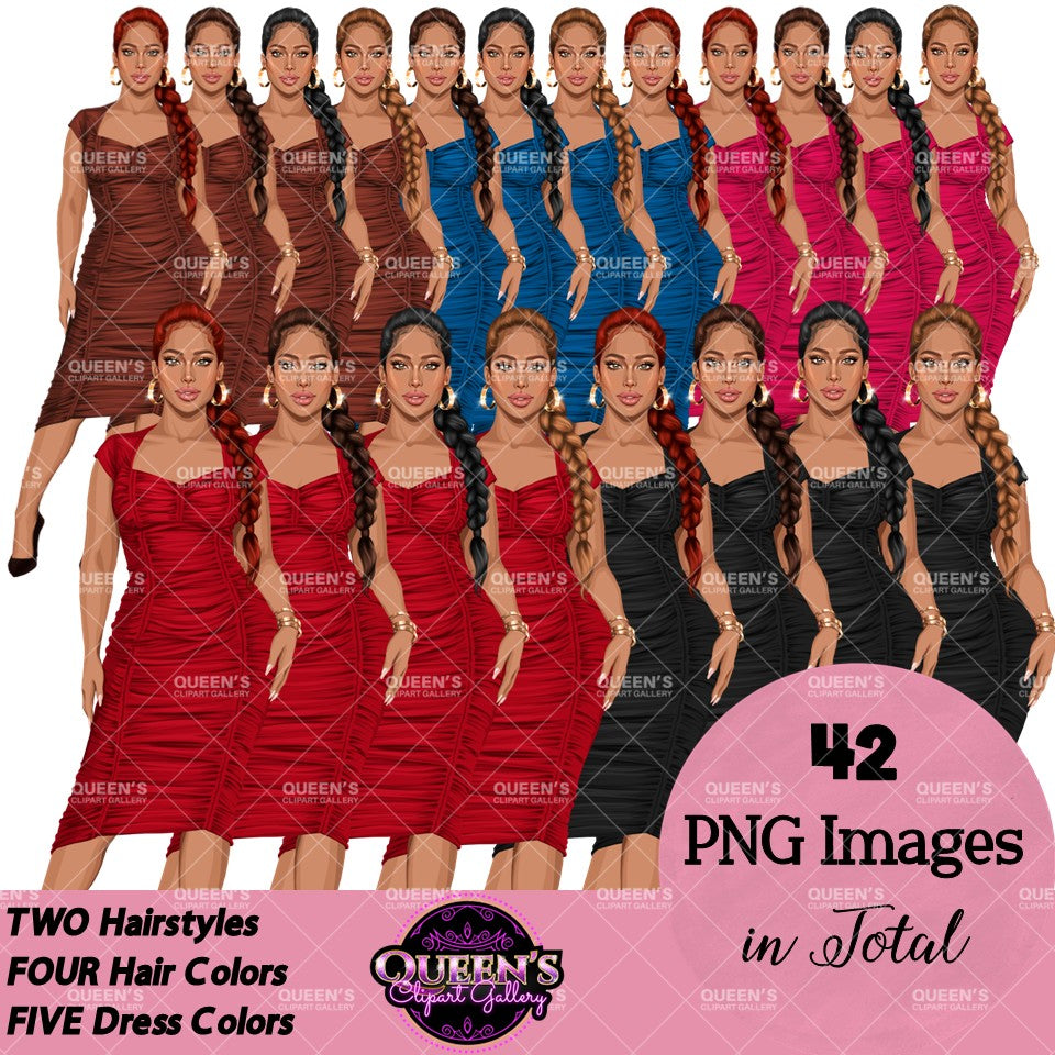 Elegant woman clip art featuring female characters with long braided hairstyles wearing fashionable fitted dresses in red, pink, blue, brown, and black.