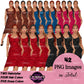 Elegant woman clip art featuring female characters with long braided hairstyles wearing fashionable fitted dresses in red, pink, blue, brown, and black.