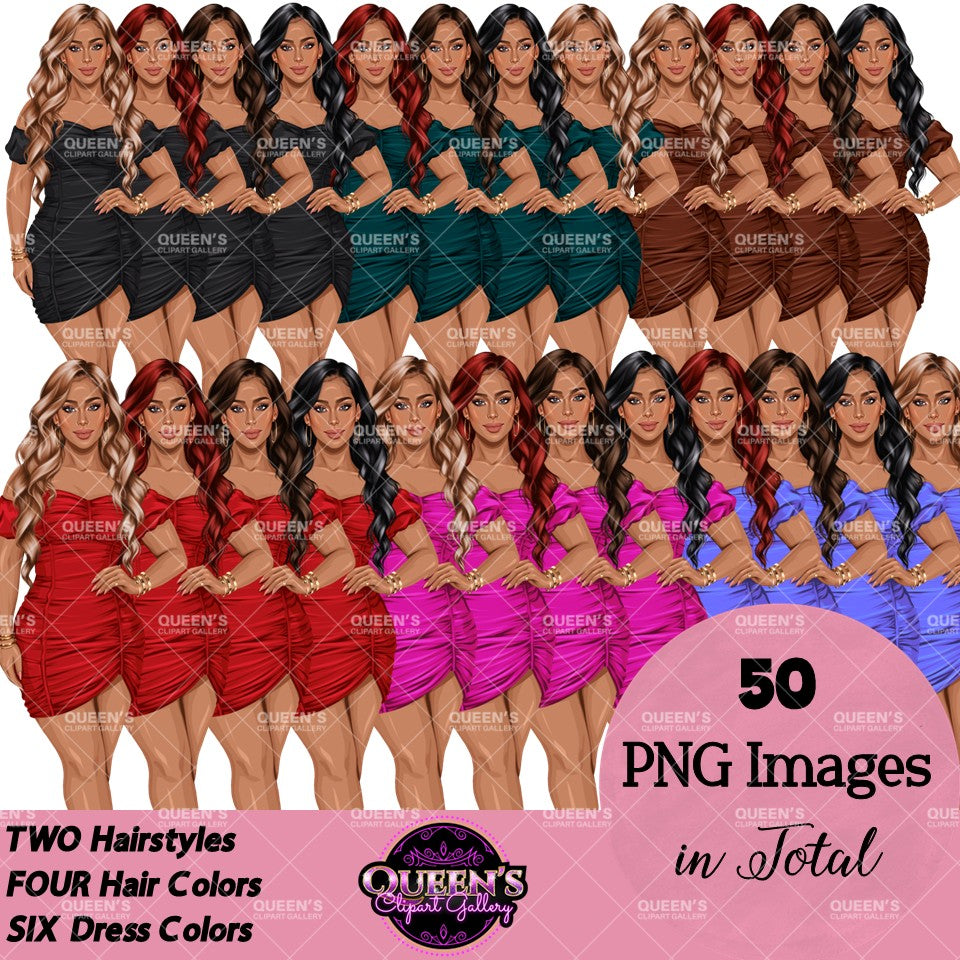 Woman fashion clipart with long wavy hairstyles and elegant mini dresses in black, green, brown, red, pink and purple with transparent backgrounds.