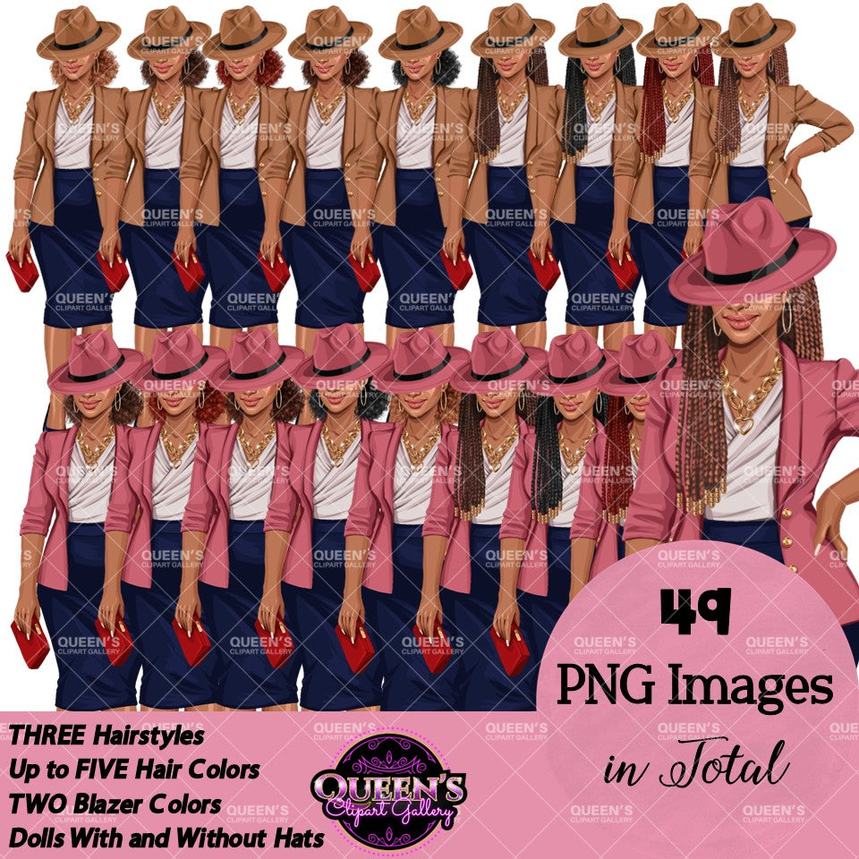Black woman clipart with fedora hats, braids, natural hair and business attire, PNG images with transparent backgrounds.