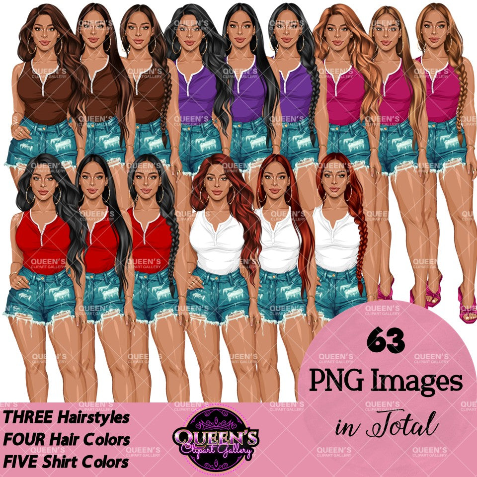 Woman fashion clipart in ripped denim shorts and colorful tops with long wavy hair, straight hair and braid hairstyles, summer outfit PNG clipart with transparent backgrounds