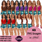 Woman fashion clipart in ripped denim shorts and colorful tops with long wavy hair, straight hair and braid hairstyles, summer outfit PNG clipart with transparent backgrounds