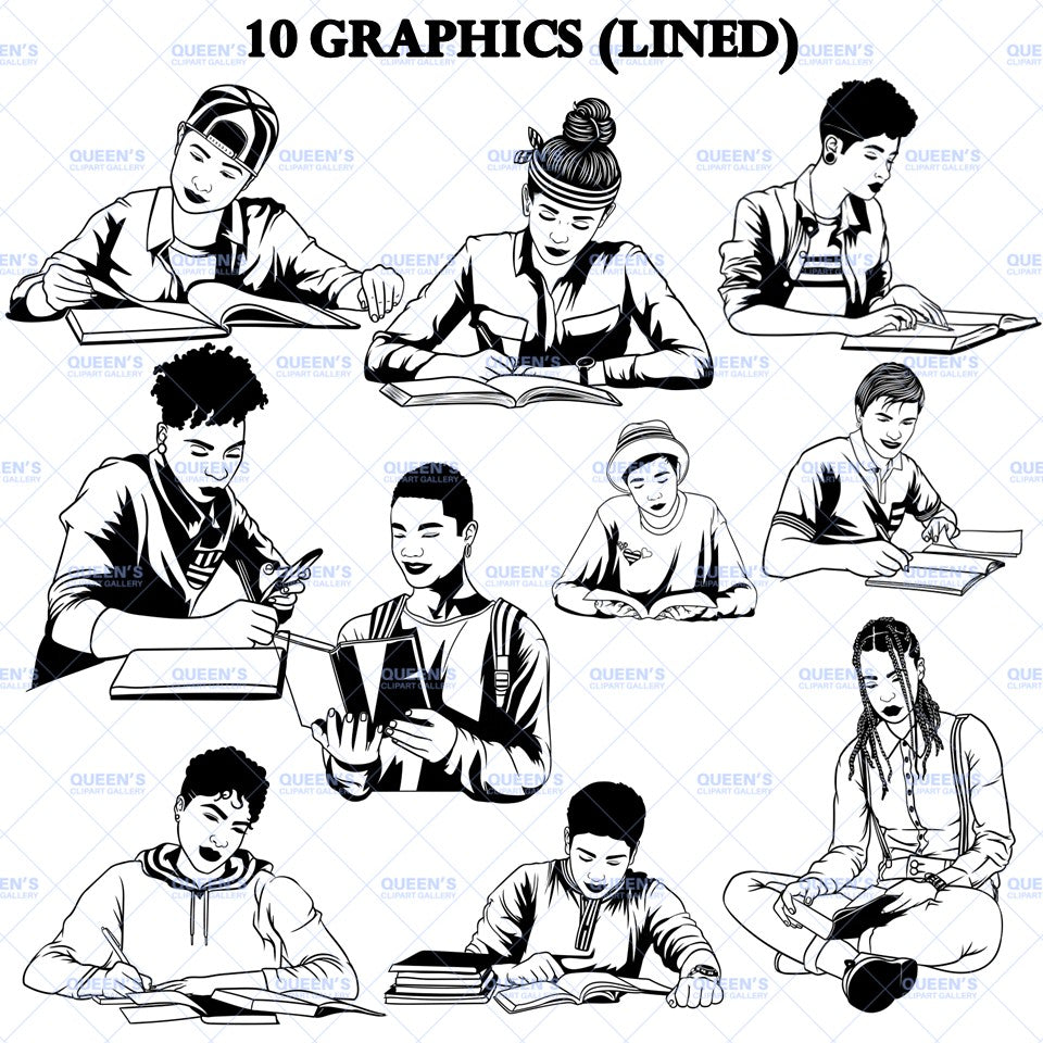 LGBTQ students clipart line art featuring diverse teenagers reading, writing and studying, black and white Pride youth graphics with transparent backgrounds