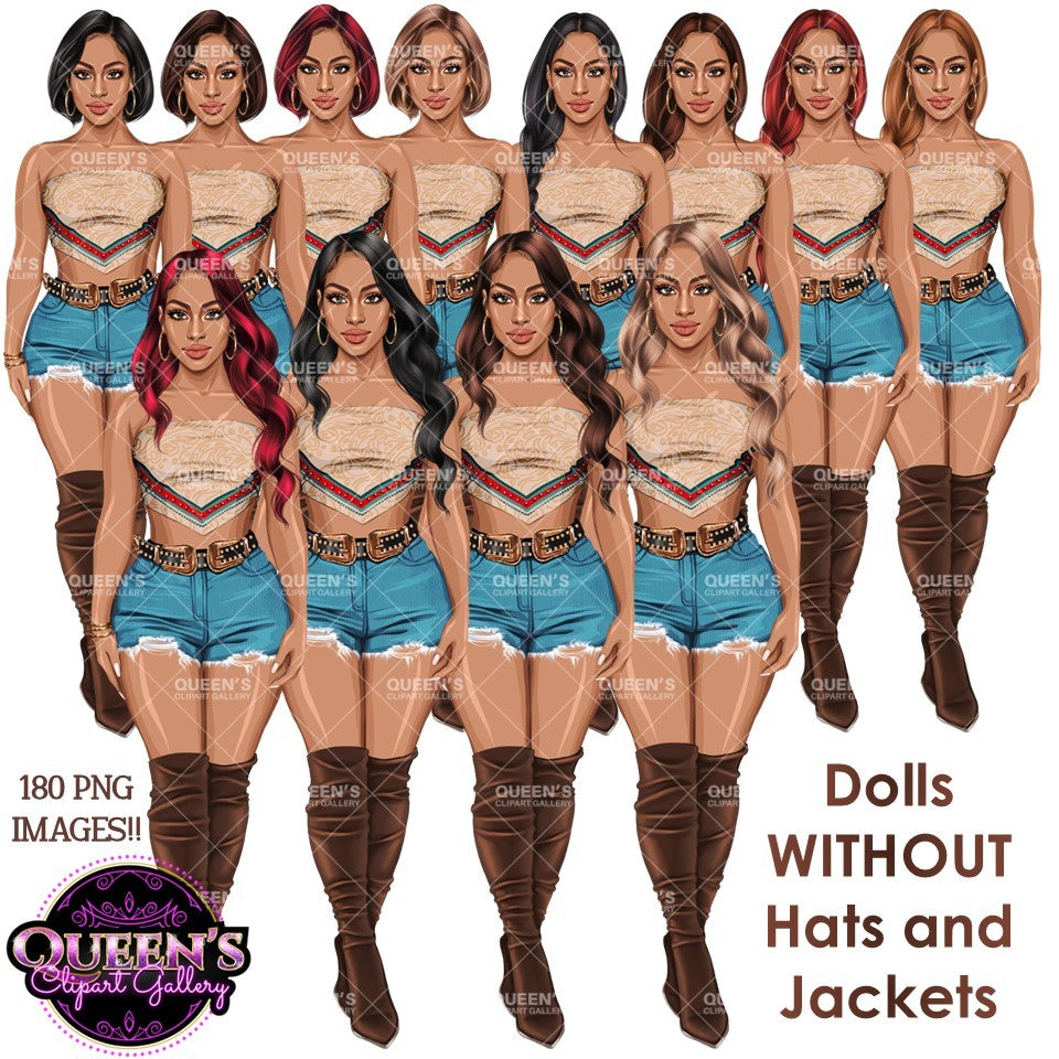 Country Girl Clipart Bundle PNG | Cowgirl Woman Clipart Bundle | Western Fashion Women PNG | Afro and White Cowgirl Clipart