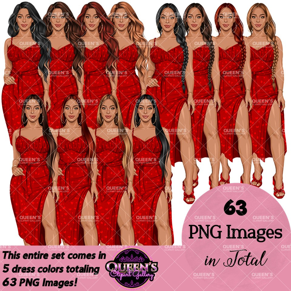 Fashion woman clipart wearing elegant red heart print midi dresses with side slits and heels, featuring multiple hairstyles and hair colors, PNG images with transparent backgrounds