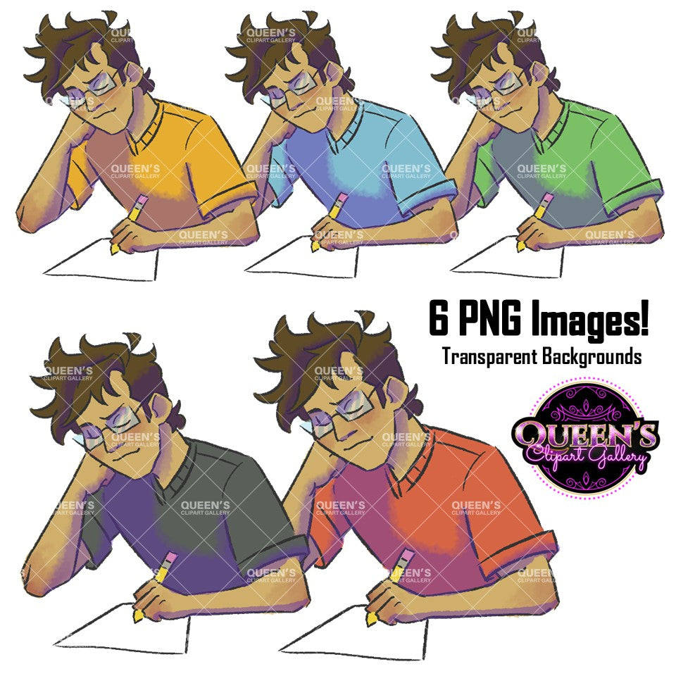 Boy student writing clipart with glasses, pencil and paper in multiple colorful shirt variations including orange, blue, green, gray and red, with transparent backgrounds.