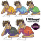 Boy student writing clipart with glasses, pencil and paper in multiple colorful shirt variations including orange, blue, green, gray and red, with transparent backgrounds.