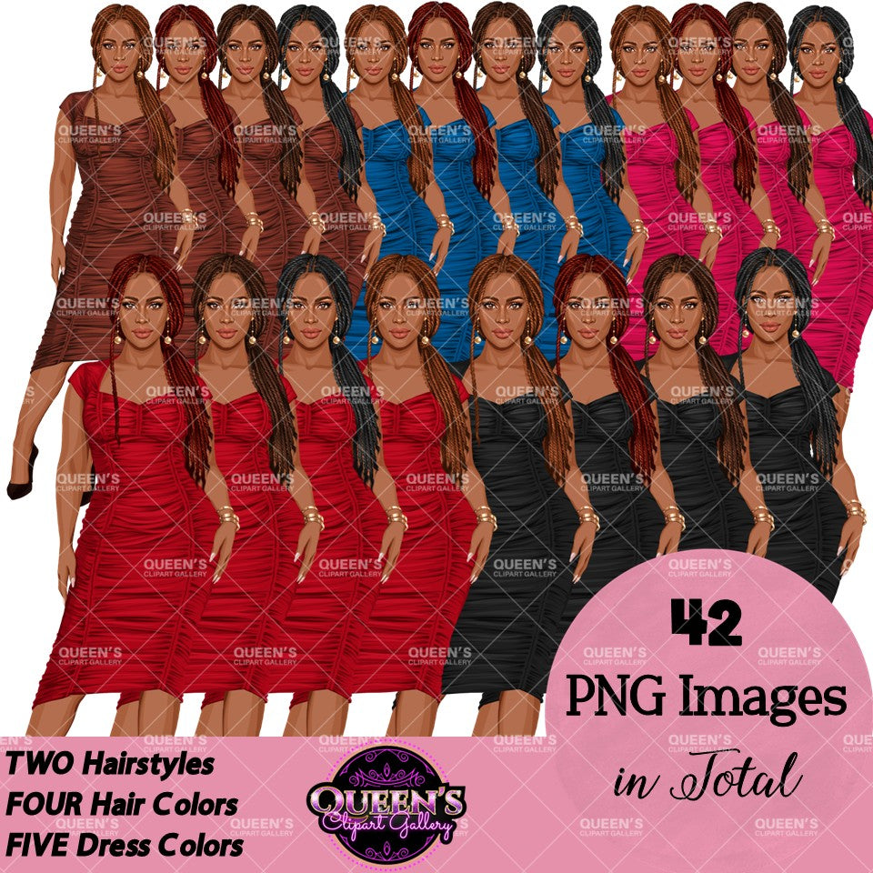 Black woman clipart featuring stylish African American women with long braided hairstyles and colorful elegant dresses.