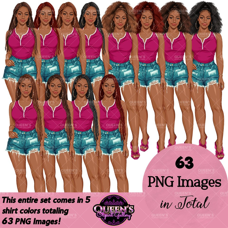 Black woman fashion clipart wearing distressed jean shorts and sleeveless tops with braids and natural afro hairstyles, stylish summer PNG images with transparent backgrounds