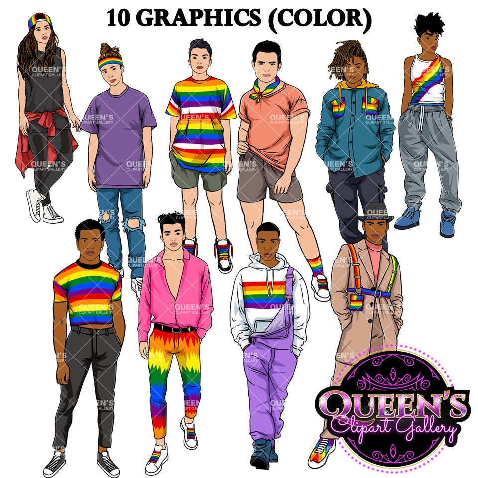 LGBTQ youth clipart featuring diverse teen boys and girls wearing Pride rainbow clothing, casual outfits and accessories, color PNG images with transparent backgrounds
