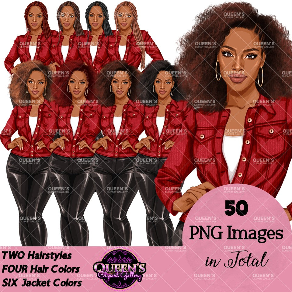 Digital clipart  featuring a stylized African American woman in a red button-up jacket and black pants.  Fashion woman clipart PNG featuring a stylish woman wearing a casual jacket with 2 hairstyles, 4 hair colors, 6 jacket color variations, and transparent background.