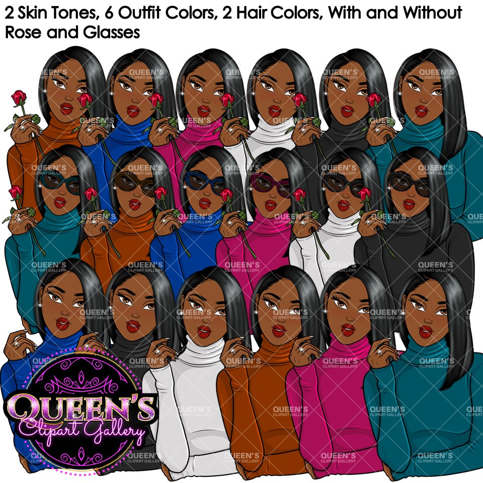 Fashion Clipart | Black Girl Magic Clipart | Black Girl Clipart | Afro Girl Clipart | Afro Woman | Valentine Rose Clipart | Rose Clipart
