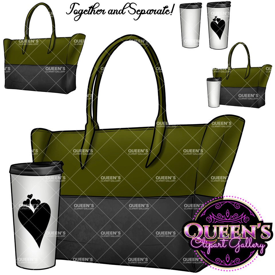 Green and black tote bag clipart with white travel coffee cup, featuring purse and coffee designs together and separately on transparent backgrounds.