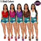Woman clipart wearing ripped denim shorts and sleeveless tops in red, pink, purple, brown and white, casual summer fashion PNG with transparent backgrounds