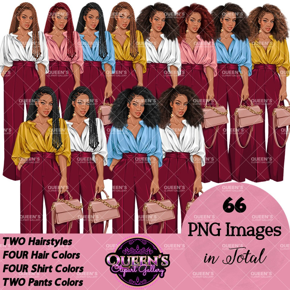 Black business woman clipart with natural Afro hair and braided hairstyles, colorful shirts, burgundy wide leg pants and pink handbags, transparent background PNG.
