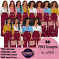 Black business woman clipart with natural Afro hair and braided hairstyles, colorful shirts, burgundy wide leg pants and pink handbags, transparent background PNG.