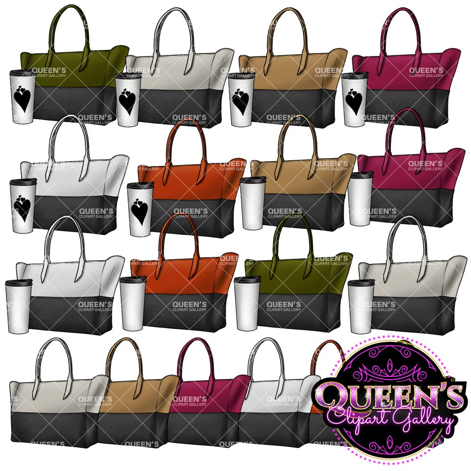 Purse and coffee cup clipart collection featuring colorful tote bags, handbags and travel coffee cups in multiple designs with transparent backgrounds.