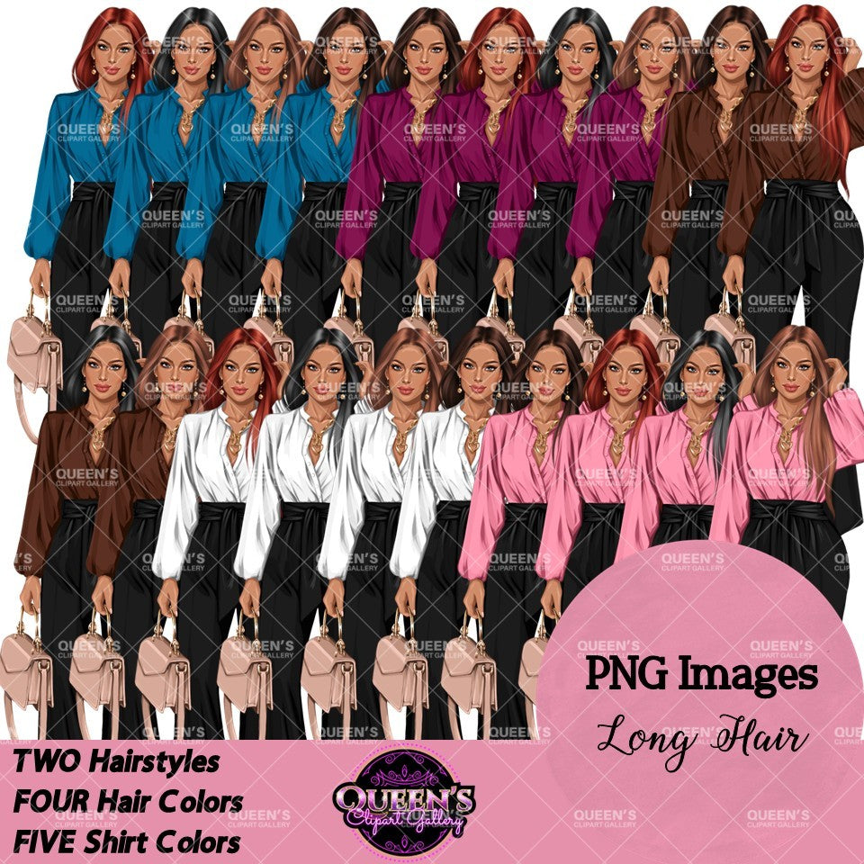 Business woman clipart with long hairstyles, colorful blouses, black wide-leg pants and handbags, professional boss lady PNG images.