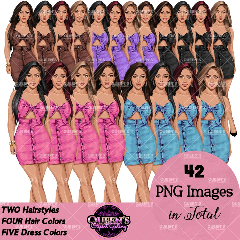 Summer fashion woman clipart with straight hairstyles, multiple hair colors, and pink, blue, purple, brown, and black summer outfits.