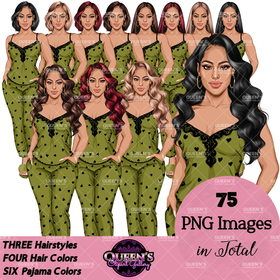 Non-African American white pajama girl clipart PNG featuring a stylish woman in heart print green sleepwear with multiple hairstyles, hair colors, pajama color variations, and transparent background. Woman clipart PNG, modern female illustration for planners, websites, educational resources, and commercial use.