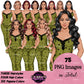 Non-African American white pajama girl clipart PNG featuring a stylish woman in heart print green sleepwear with multiple hairstyles, hair colors, pajama color variations, and transparent background. Woman clipart PNG, modern female illustration for planners, websites, educational resources, and commercial use.