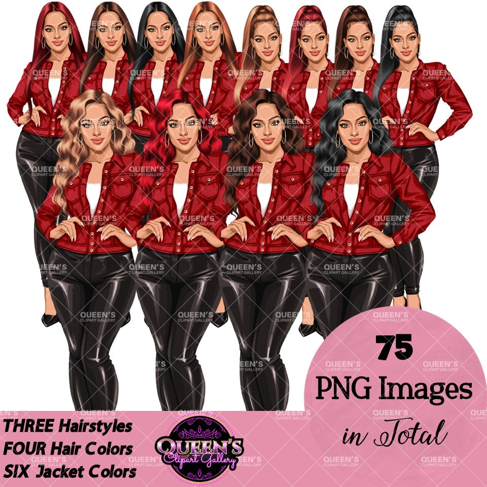 Digital clipart  featuring a stylized woman in a light red button-up jacket and black pants.  Fashion woman clipart PNG featuring a stylish woman wearing a casual jacket with 3 hairstyles, 4 hair colors, 6 jacket color variations, and transparent background.