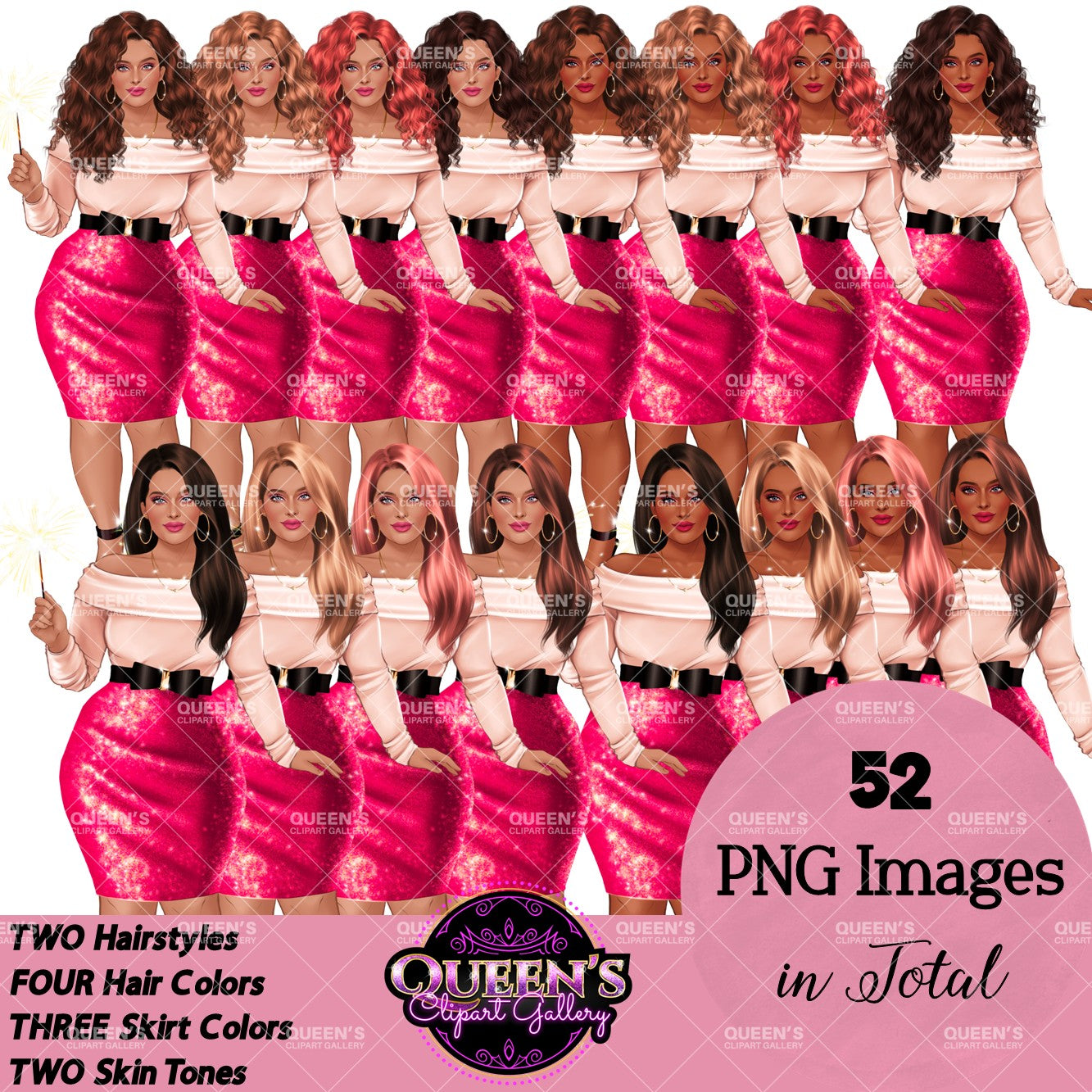 New Year Clipart | New Year's Planner | Fashion Illustration | Fashion Woman Clipart Set | Plus Size | Diverse Women PNG | Celebration | PNG