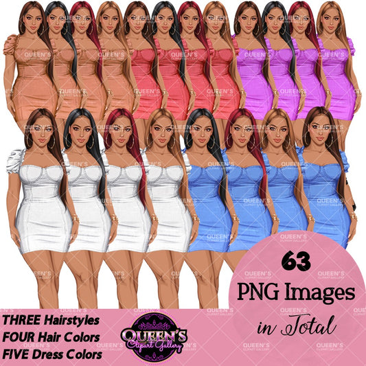 Dress clipart PNG collection featuring a fashionable woman in a fitted mini dress with multiple hairstyles, hair colors, dress color variations, and transparent backgrounds.