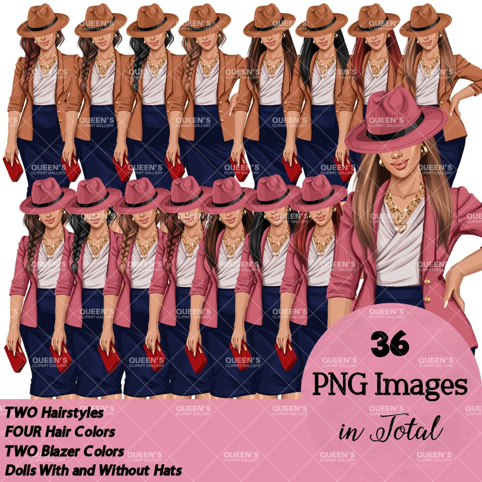 Fashionable business woman clipart with fedora hats, blazers and pencil skirts with transparent backgrounds.