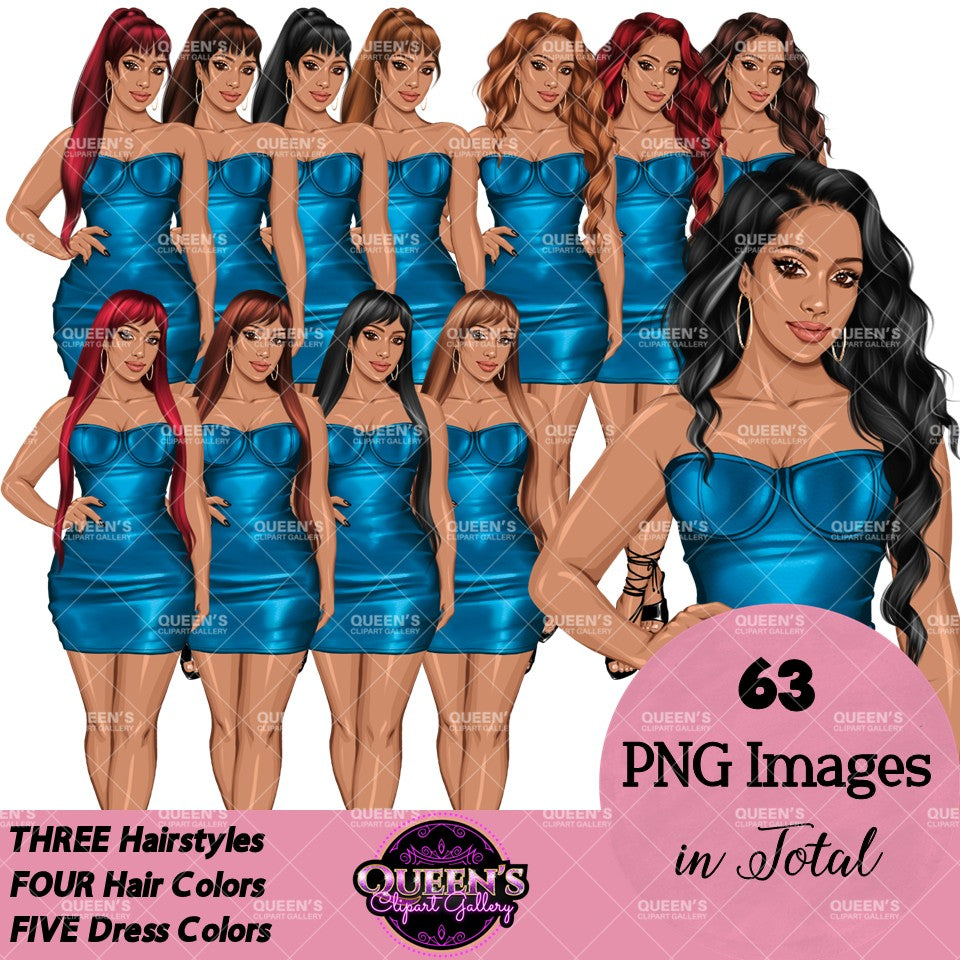 Digital fashion girl clipart pack featuring illustrated women wearing blue strapless mini dresses.