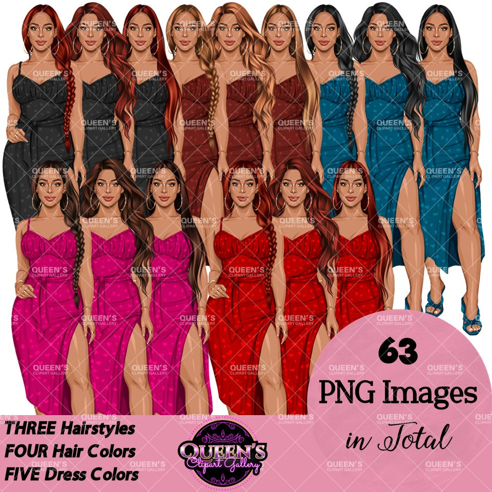 Fashion woman clipart in elegant midi dresses featuring wavy hair, braided hairstyles and straight hair in multiple hair and dress colors, PNG clipart with transparent backgrounds