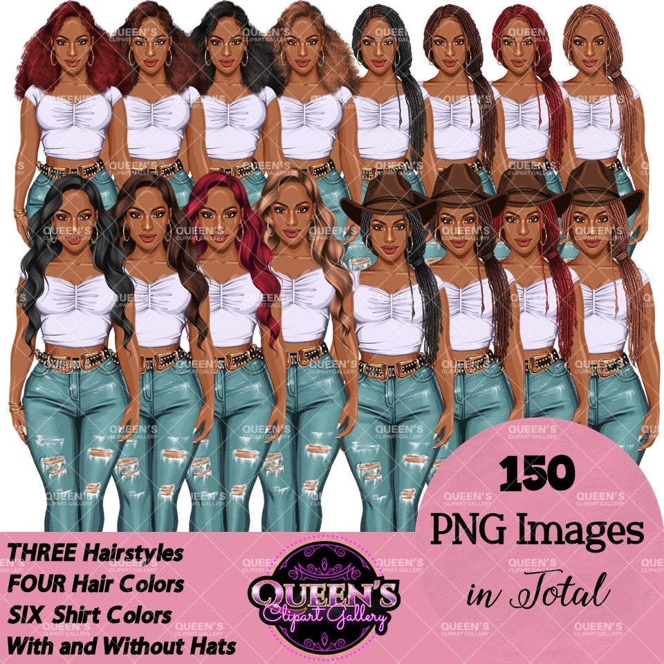 Afro Fashion Girl Clipart PNG | Western Cowgirl Clipart | Black Woman Fashion Illustration | Denim Girl Clipart | Fashion Girl Clipart