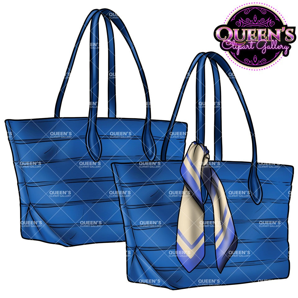 Blue tote bag clipart featuring two fashion handbag designs with and without a decorative silk scarf, PNG images with transparent backgrounds.