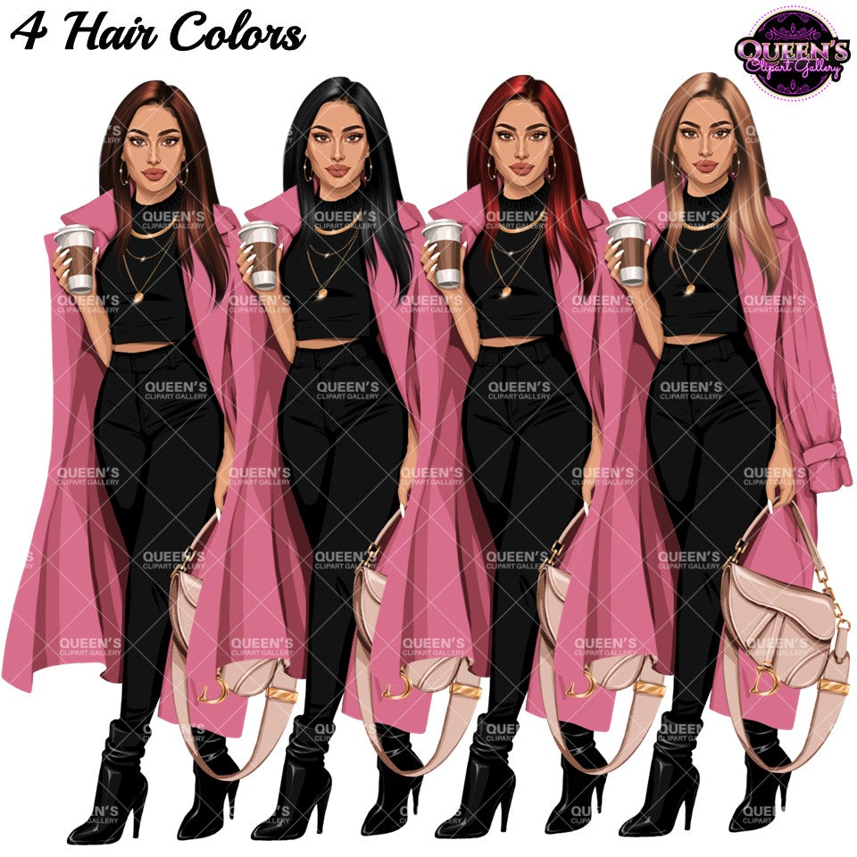 Fashion woman clipart with long straight brunette, black, red and blonde hair, pink trench coat, black outfit, coffee cup and handbag.