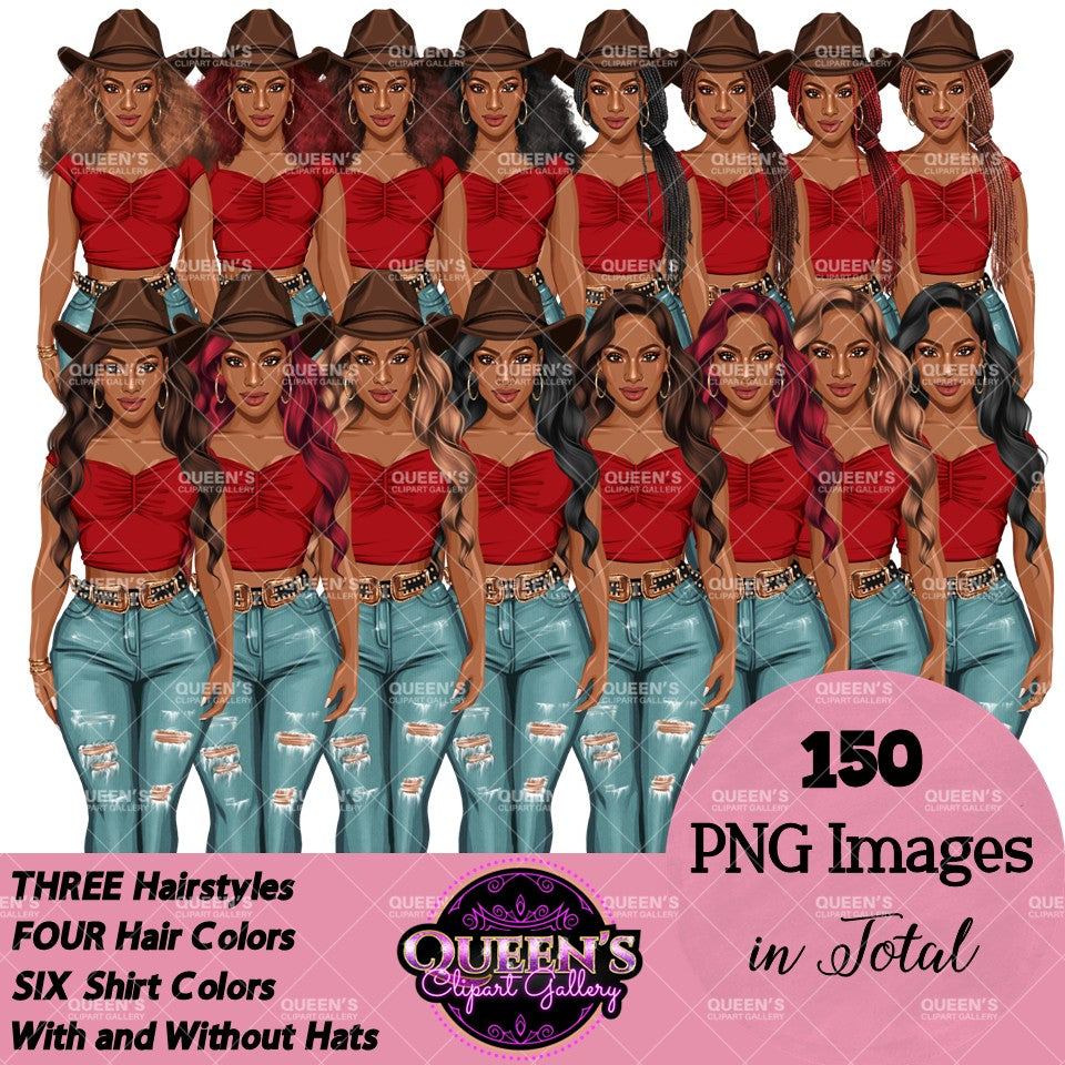 Afro Fashion Girl Clipart PNG | Western Cowgirl Clipart | Black Woman Fashion Illustration | Denim Girl Clipart | Fashion Girl Clipart