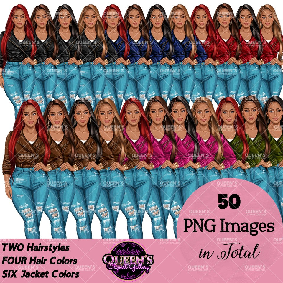Stylish women clipart in ripped denim jeans and colorful jackets with long straight hairstyles and multiple hair colors, fashion PNG images with transparent backgrounds