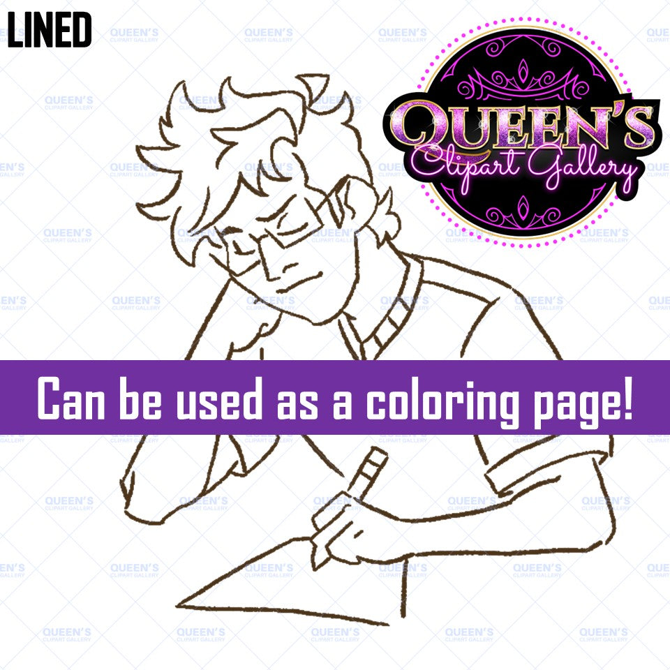 Lined boy student writing clipart with glasses, pencil and paper, black and white school illustration that can be used as a coloring page.