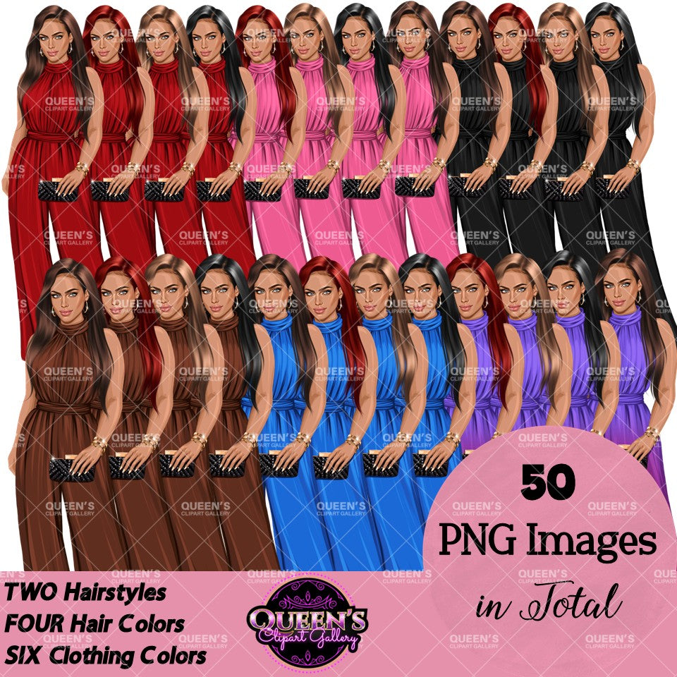 Elegant woman clipart PNG collection featuring fashionable women with long straight hairstyles, colorful jumpsuits, clutch purses, and transparent backgrounds.