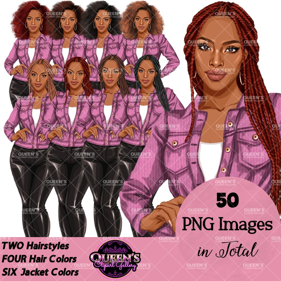 Digital clipart  featuring a stylized African American woman in a pink button-up jacket and black pants.  Fashion woman clipart PNG featuring a stylish woman wearing a casual jacket with 2 hairstyles, 4 hair colors, 6 jacket color variations, and transparent background.