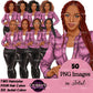 Digital clipart  featuring a stylized African American woman in a pink button-up jacket and black pants.  Fashion woman clipart PNG featuring a stylish woman wearing a casual jacket with 2 hairstyles, 4 hair colors, 6 jacket color variations, and transparent background.