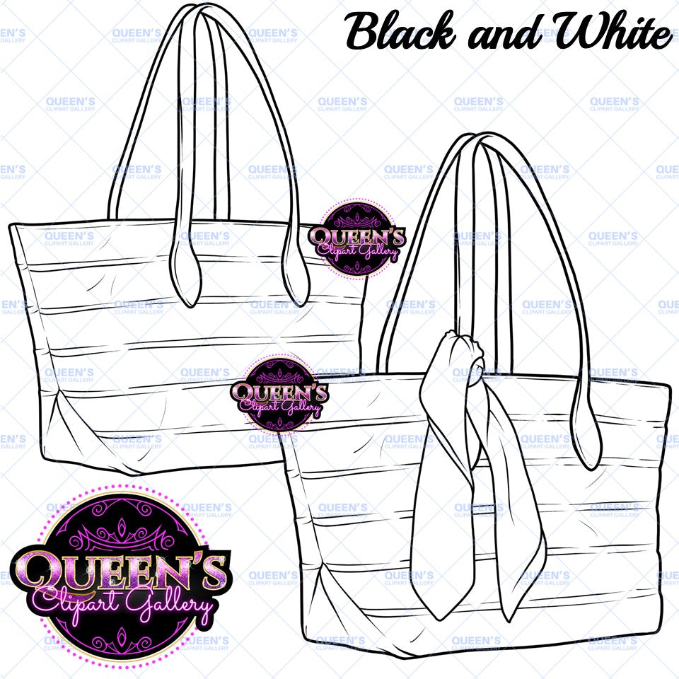 Black and white tote bag clipart featuring fashion handbag line art with and without a decorative scarf, PNG images with transparent backgrounds.