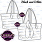 Black and white tote bag clipart featuring fashion handbag line art with and without a decorative scarf, PNG images with transparent backgrounds.