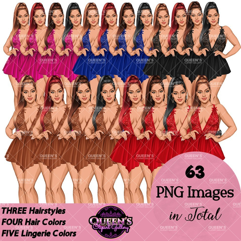 Lingerie clipart PNG featuring a woman in lace lingerie with multiple hairstyles, hair colors, lingerie color variations, and transparent backgrounds. Perfect for planners, websites, digital designs, social media, and commercial projects.