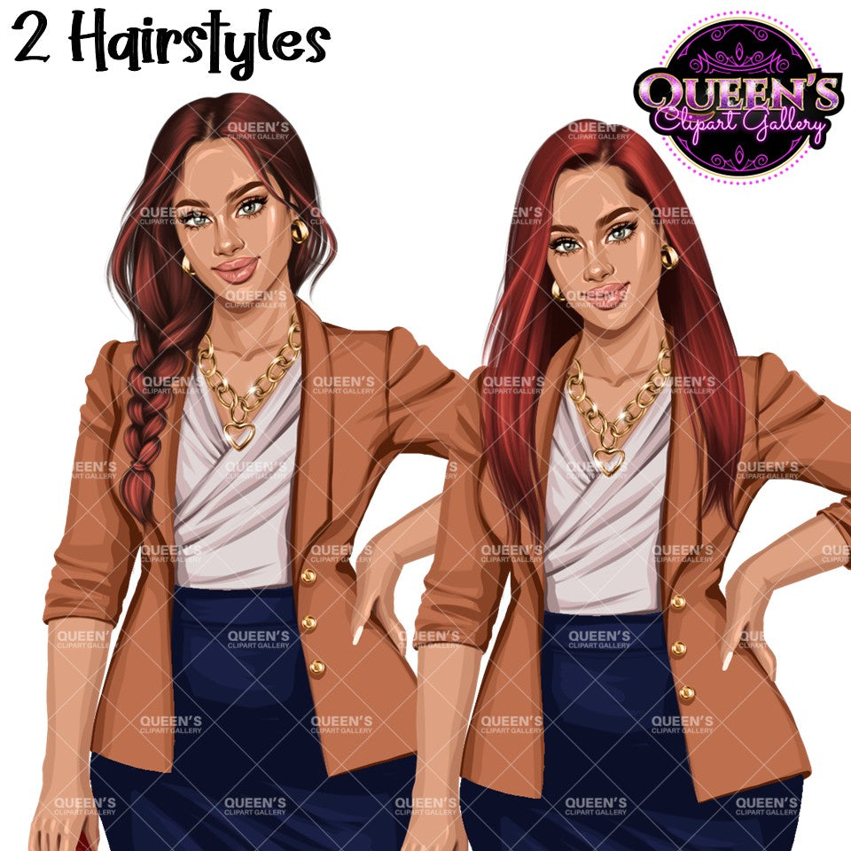Business woman clipart with braided and straight hairstyles, blazer and pencil skirt PNG images with transparent backgrounds.