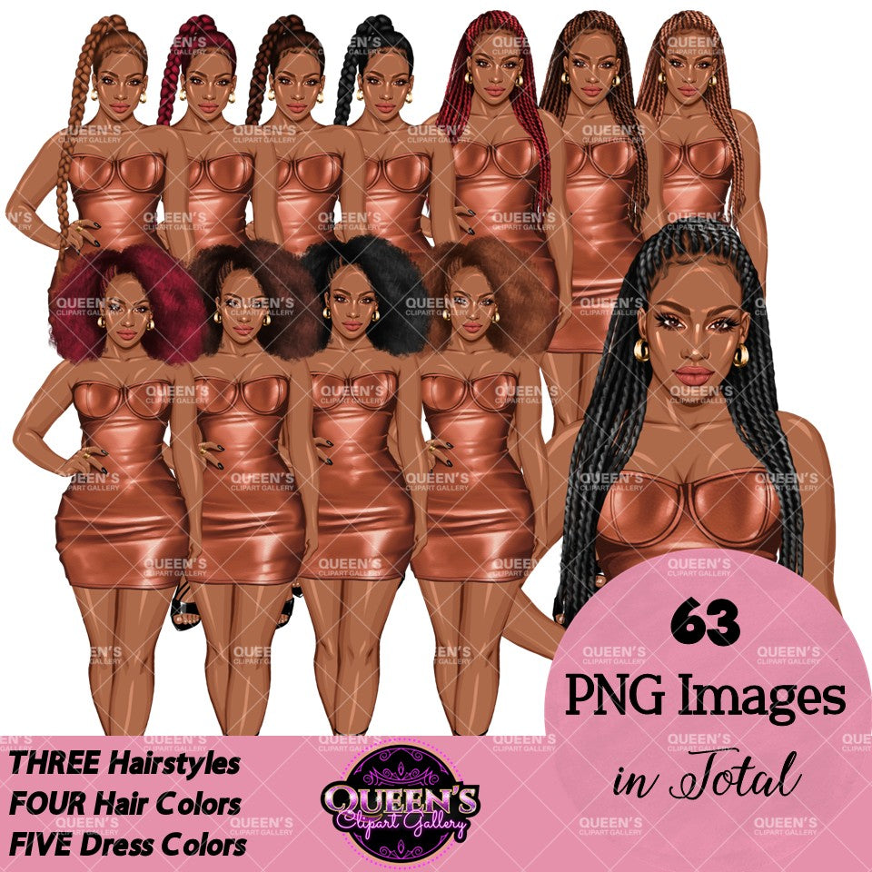 Black Woman Leather Dress Clipart | Afro Woman Fashion PNG | Curvy Woman Clipart | Fashion Illustration | Girl Boss Clipart