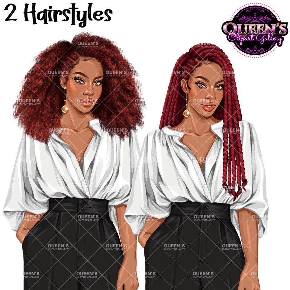 Black woman clipart featuring natural curly Afro hair and long braided hairstyle, white blouse and black wide leg pants, transparent background PNG.