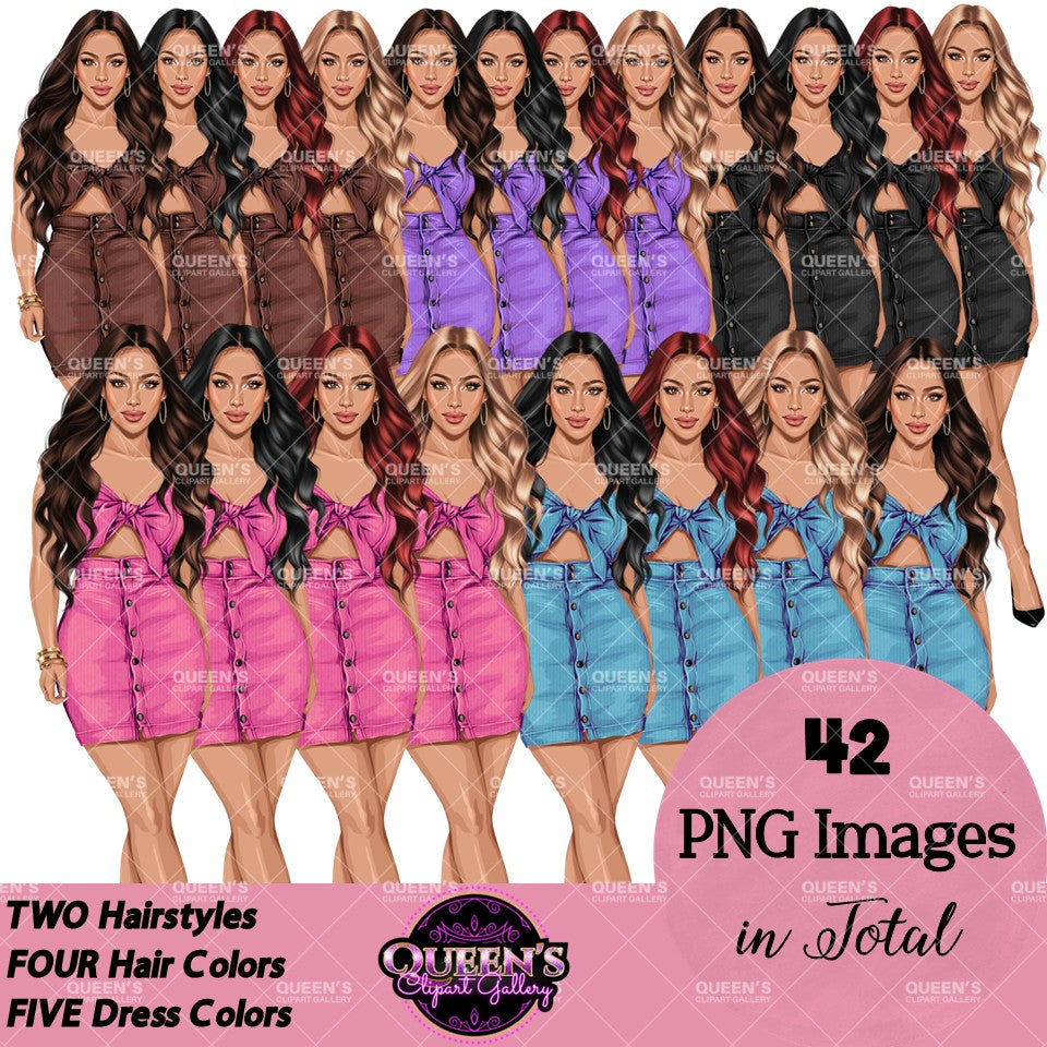 Fashion woman PNG clipart collection featuring women with long wavy hairstyles wearing colorful crop tops and matching mini skirts in five outfit colors.