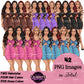Fashion woman PNG clipart collection featuring women with long wavy hairstyles wearing colorful crop tops and matching mini skirts in five outfit colors.