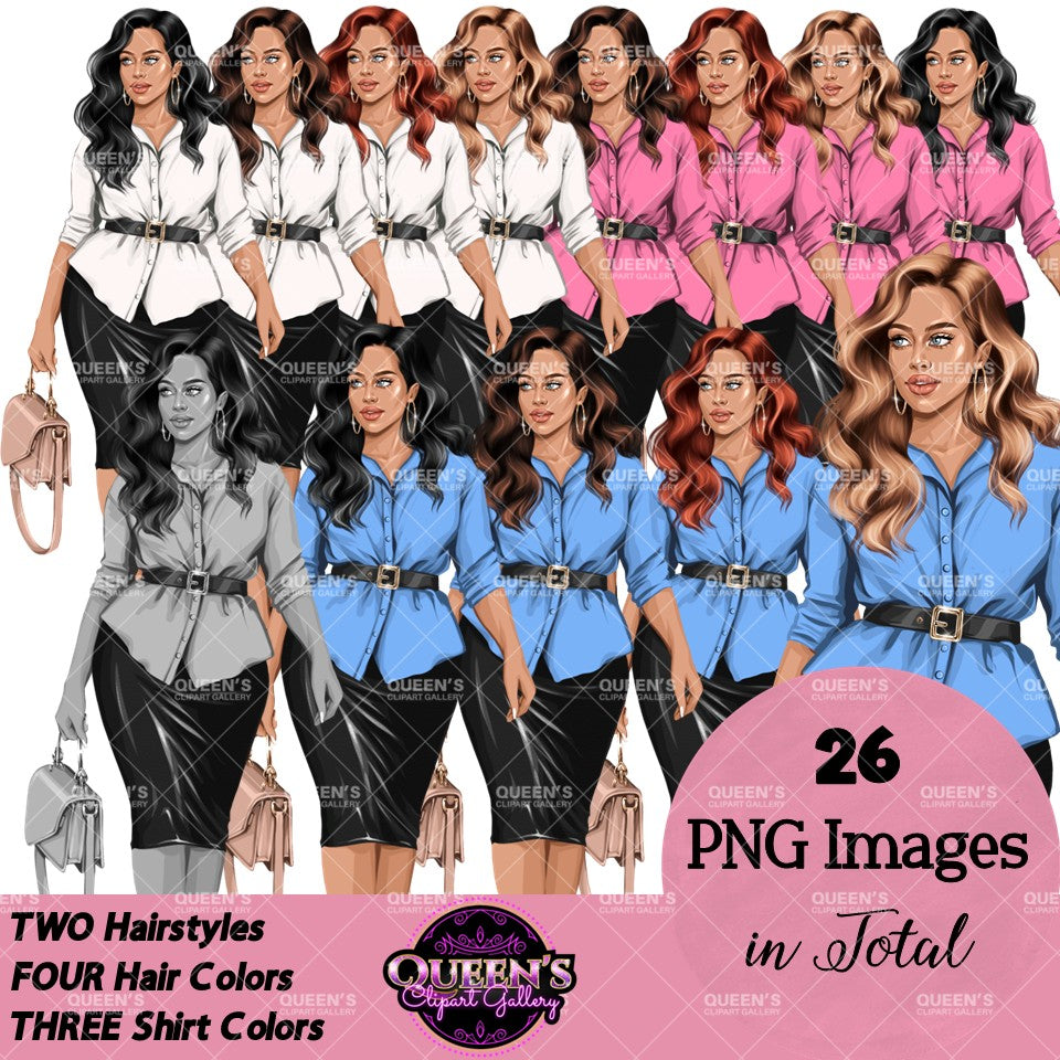 Professional curvy woman clipart collection featuring business women with wavy hairstyles, colorful blouses, black pencil skirts and handbags with transparent backgrounds.