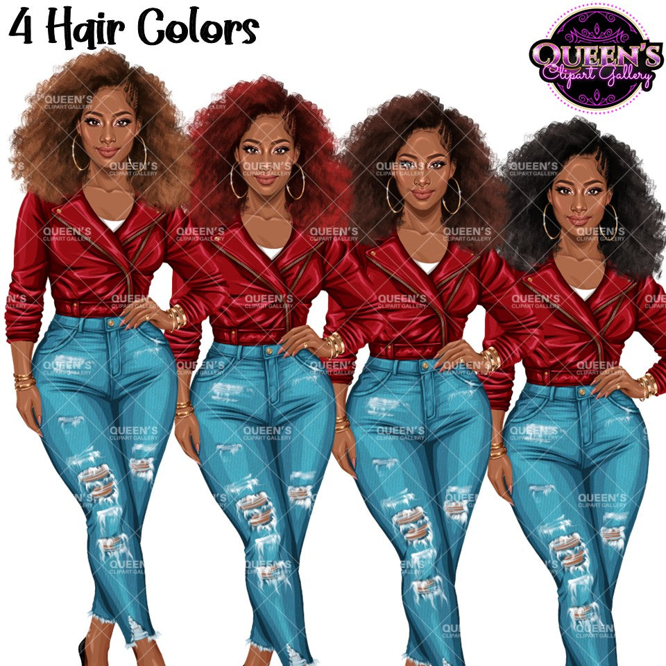 Black woman clipart with curly Afro hair in four colors wearing red leather jacket and ripped blue jeans, African American fashion PNG with transparent backgrounds